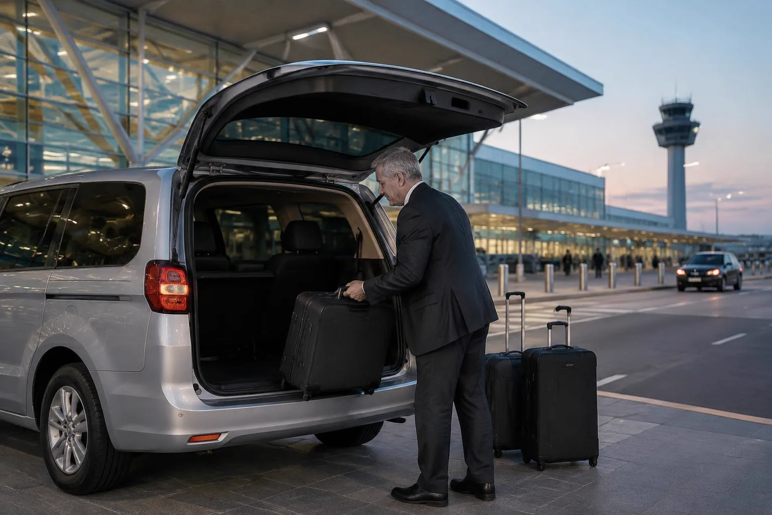 Driver in a dark suit loading suitcases into a silver people carrier outside an airport terminal at dawn