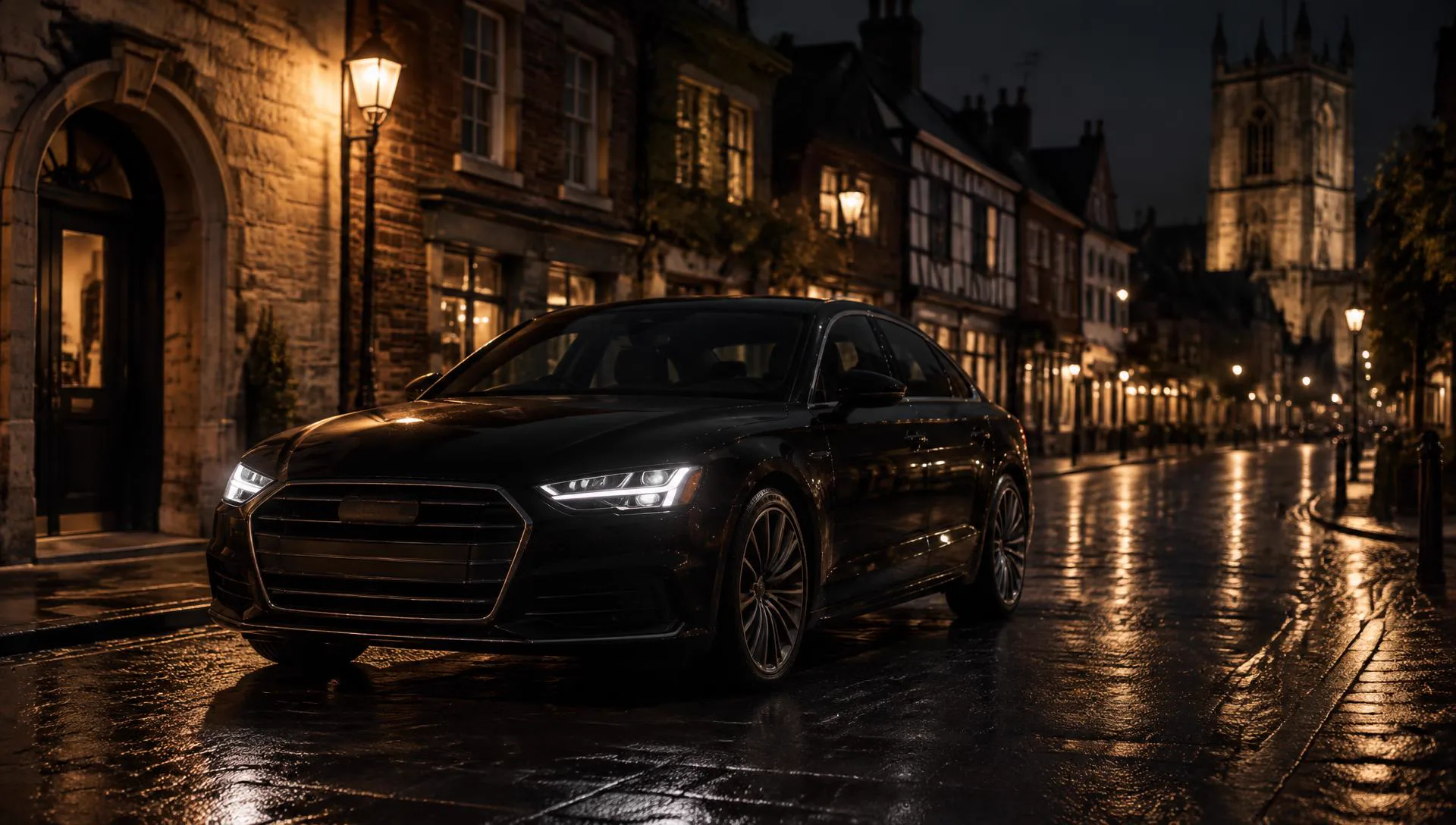 Clean dark private hire saloon car waiting on a lamplit Warwickshire street at night