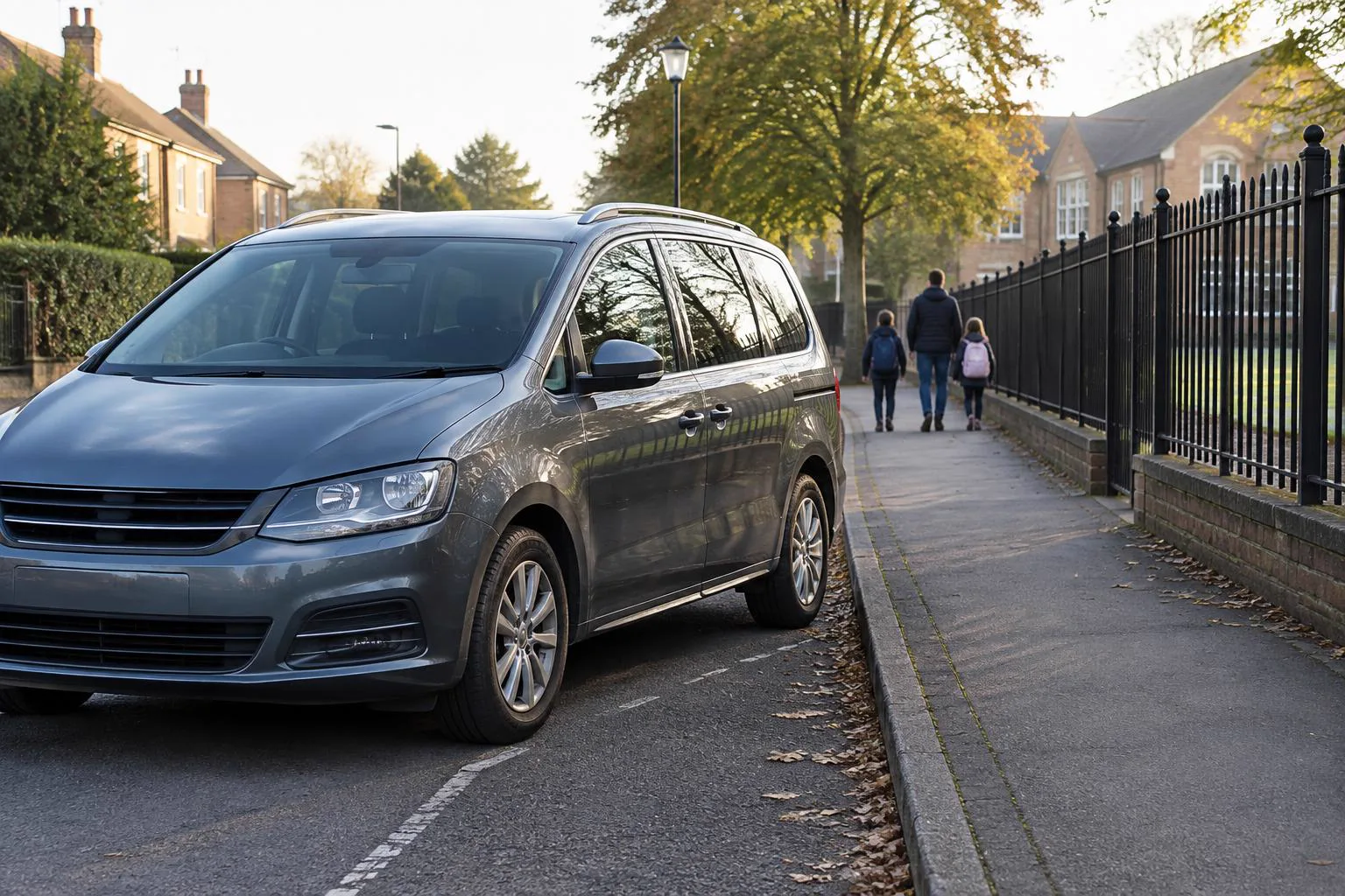 Grey people carrier parked on a quiet residential road beside school-style railings in morning light